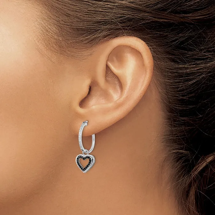 Earrings White Night Sterling Silver Rhodiumplated Black and White Diamond with Dangle Heart Hoop Earring Goldia