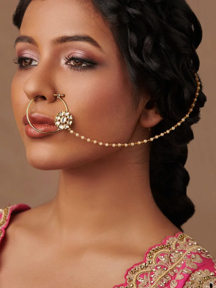 Curio Cottage PreStyled Sets Royal Elegance 18 KT Gold Plated Foral Kundan Rajwadi Nath Curio Cottage PreStyled Sets Royal Elegance 18 KT Gold Plated Foral Kundan Rajwadi Nath
