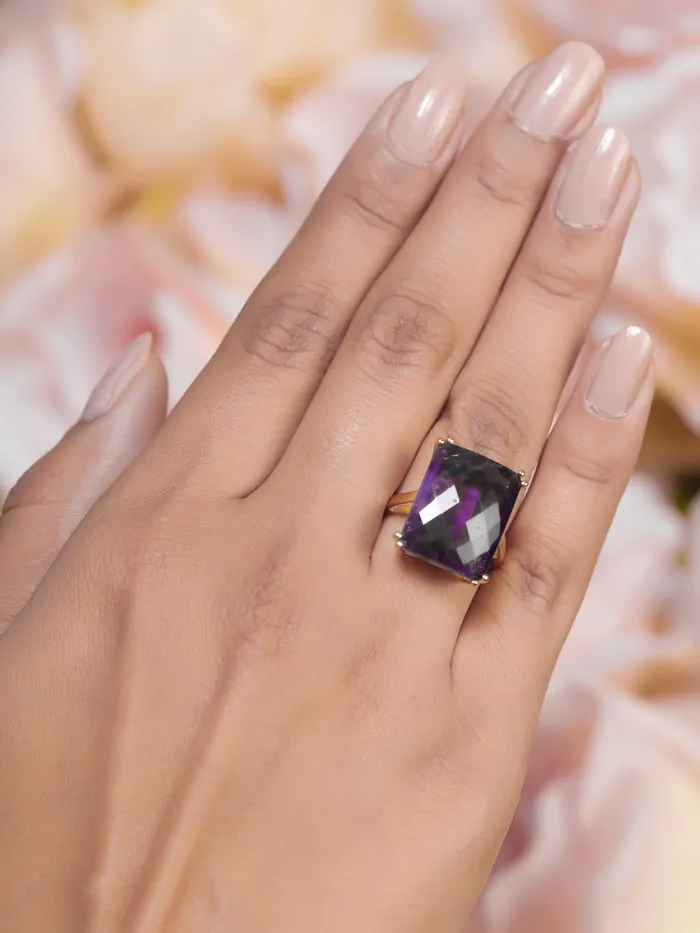 Amethyst Solid 925 Sterling Silver Gold Plated Statement Ring YoTreasure Rings Amethyst Solid 925 Sterling Silver Gold Plated Statement Ring YoTreasure Rings