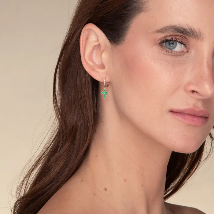 Camile Stone Earrings Emerald Cross Zirconia Huggie Earrings Camile Stone Earrings Emerald Cross Zirconia Huggie Earrings
