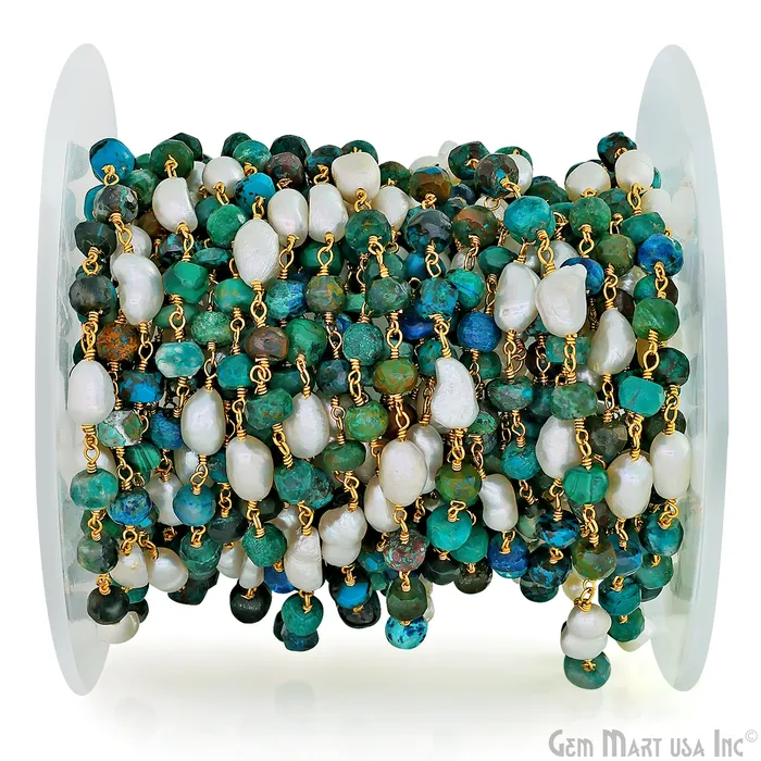 GemMartUSA Necklaces Chrysocolla and Pearl Rondelle Beads Gold Wire Wrapped Rosary Chain GemMartUSA Necklaces Chrysocolla and Pearl Rondelle Beads Gold Wire Wrapped Rosary Chain