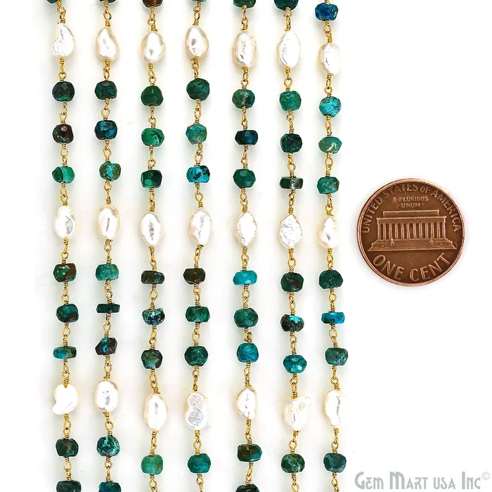 GemMartUSA Necklaces Chrysocolla and Pearl Rondelle Beads Gold Wire Wrapped Rosary Chain GemMartUSA Necklaces Chrysocolla and Pearl Rondelle Beads Gold Wire Wrapped Rosary Chain