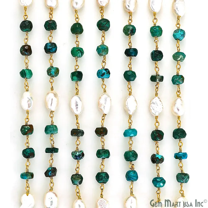 GemMartUSA Necklaces Chrysocolla and Pearl Rondelle Beads Gold Wire Wrapped Rosary Chain GemMartUSA Necklaces Chrysocolla and Pearl Rondelle Beads Gold Wire Wrapped Rosary Chain