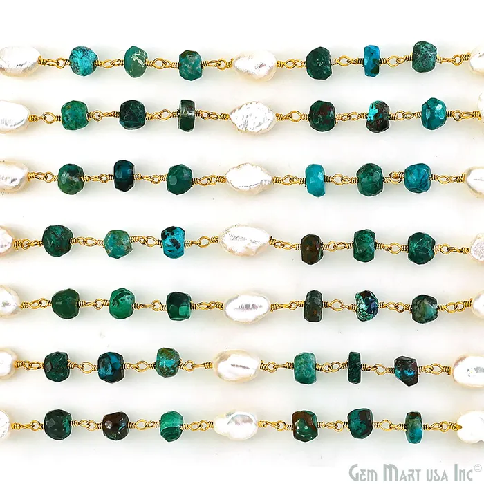 GemMartUSA Necklaces Chrysocolla and Pearl Rondelle Beads Gold Wire Wrapped Rosary Chain GemMartUSA Necklaces Chrysocolla and Pearl Rondelle Beads Gold Wire Wrapped Rosary Chain