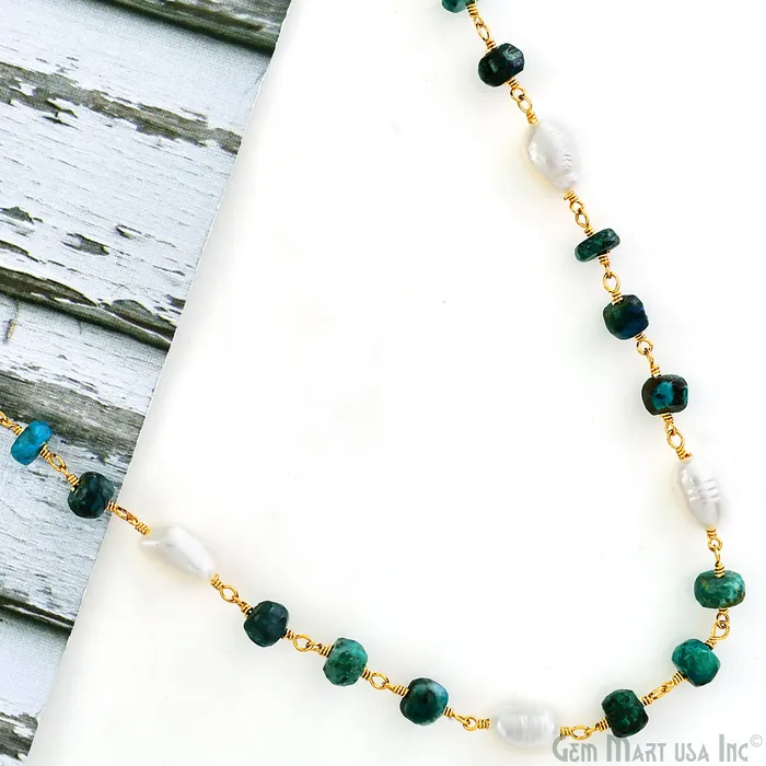 GemMartUSA Necklaces Chrysocolla and Pearl Rondelle Beads Gold Wire Wrapped Rosary Chain GemMartUSA Necklaces Chrysocolla and Pearl Rondelle Beads Gold Wire Wrapped Rosary Chain