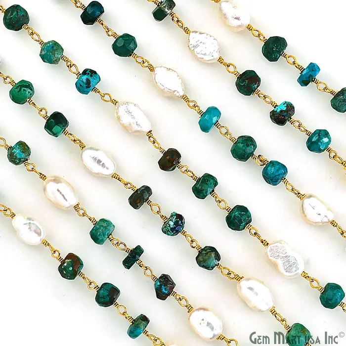 GemMartUSA Necklaces Chrysocolla and Pearl Rondelle Beads Gold Wire Wrapped Rosary Chain GemMartUSA Necklaces Chrysocolla and Pearl Rondelle Beads Gold Wire Wrapped Rosary Chain