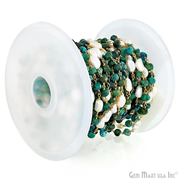 GemMartUSA Necklaces Chrysocolla and Pearl Rondelle Beads Gold Wire Wrapped Rosary Chain GemMartUSA Necklaces Chrysocolla and Pearl Rondelle Beads Gold Wire Wrapped Rosary Chain