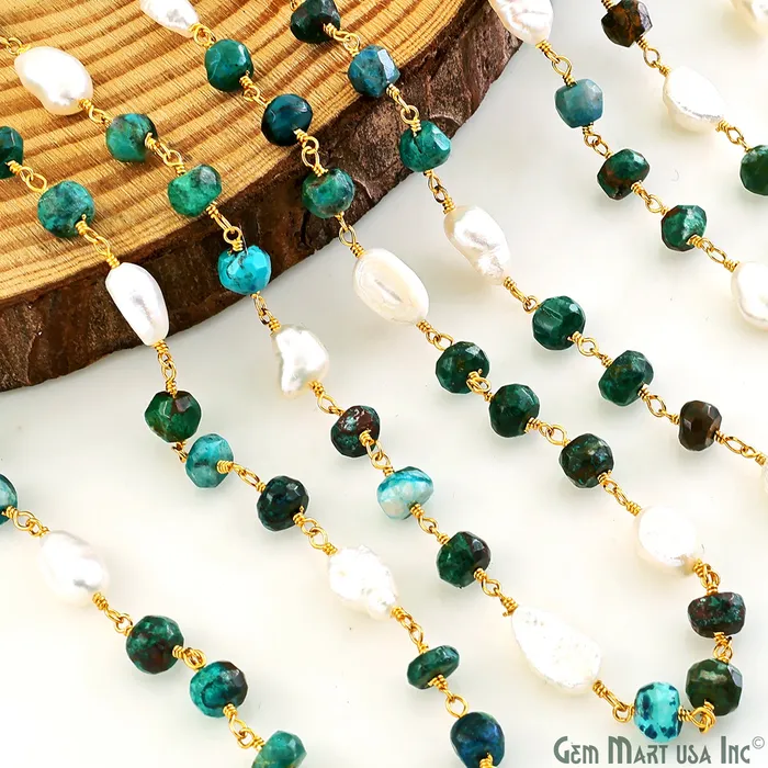 GemMartUSA Necklaces Chrysocolla and Pearl Rondelle Beads Gold Wire Wrapped Rosary Chain GemMartUSA Necklaces Chrysocolla and Pearl Rondelle Beads Gold Wire Wrapped Rosary Chain
