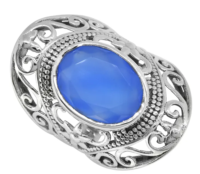 YoTreasure Rings Blue Chalcedony 925 Sterling Silver Filigree Ring