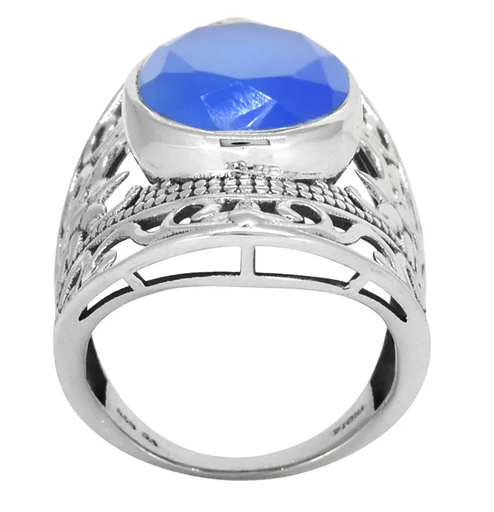 YoTreasure Rings Blue Chalcedony 925 Sterling Silver Filigree Ring