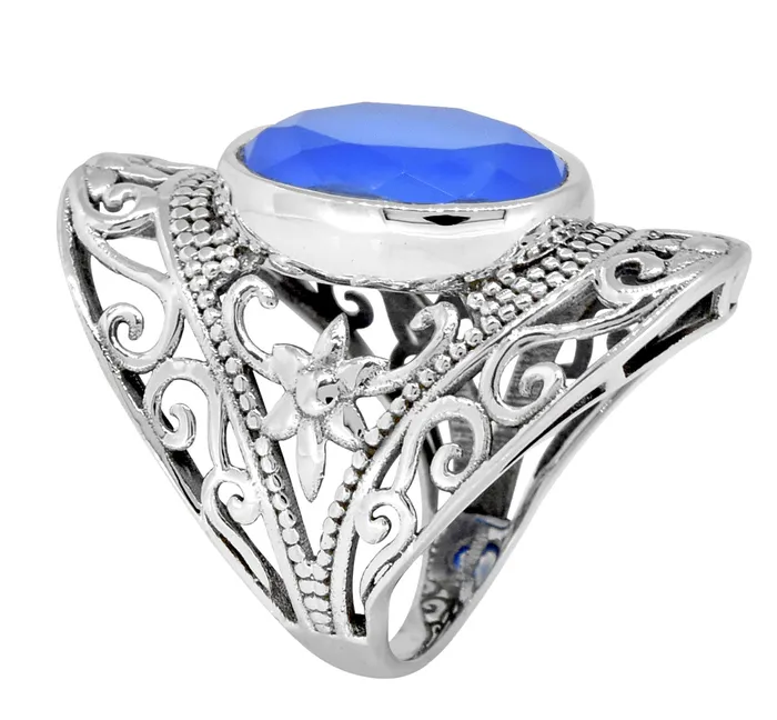 YoTreasure Rings Blue Chalcedony 925 Sterling Silver Filigree Ring