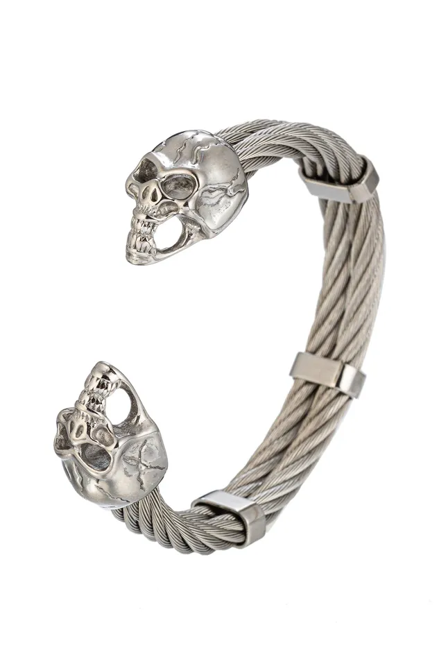 Bracelets Double Skull Cuff Bracelet Silver Eye Candy LA