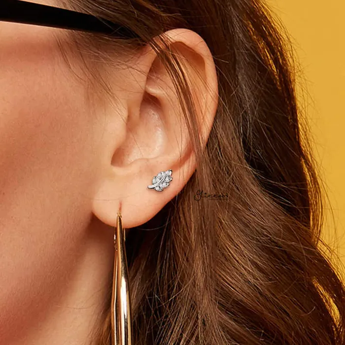 CZ Paved Leaf Top on Internally Threaded Flat Back Stud Rose Gold Glitters Earrings
