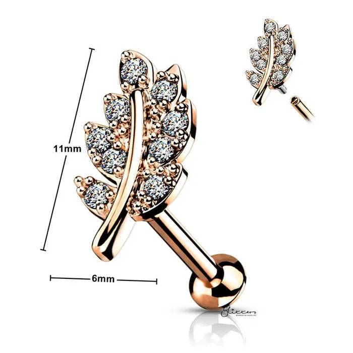 CZ Paved Leaf Top on Internally Threaded Flat Back Stud Rose Gold Glitters Earrings
