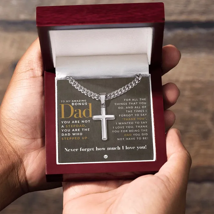Necklaces Great Gift For Bonus Dad From Daughter Mens Chain with Engravable Cross Necklace Christian Jewelry For Dad For Fathers Day Christmas or His Birthday ShineOn Fulfillment
