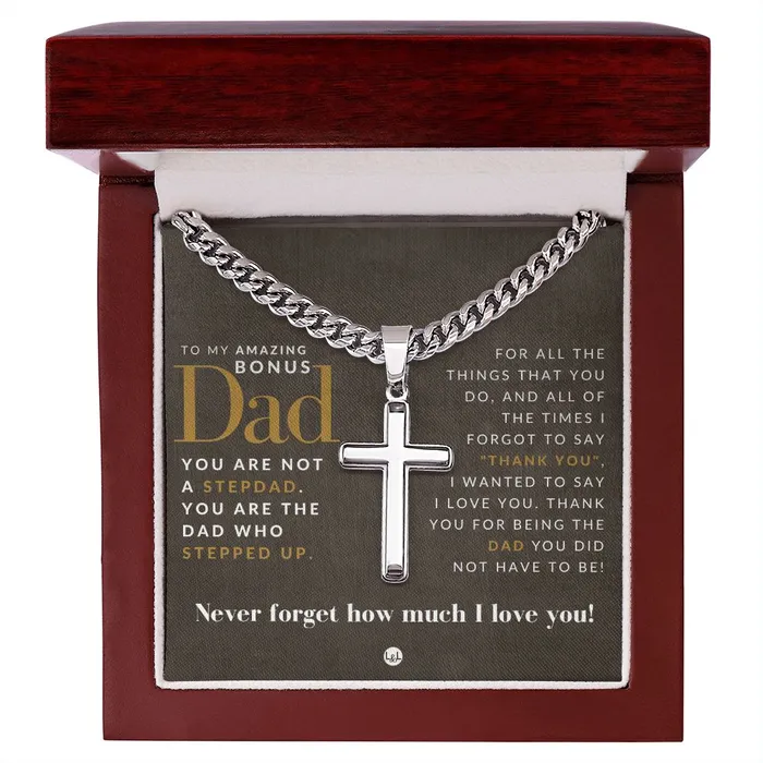 Necklaces Great Gift For Bonus Dad From Daughter Mens Chain with Engravable Cross Necklace Christian Jewelry For Dad For Fathers Day Christmas or His Birthday ShineOn Fulfillment