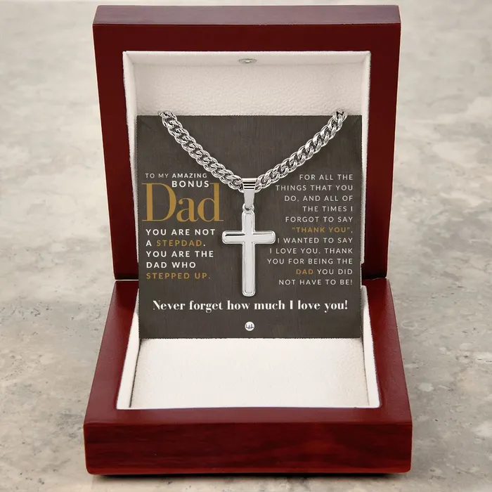 Necklaces Great Gift For Bonus Dad From Daughter Mens Chain with Engravable Cross Necklace Christian Jewelry For Dad For Fathers Day Christmas or His Birthday ShineOn Fulfillment