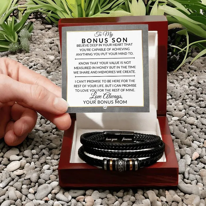 ShineOn Fulfillment Bracelets Bonus Son Gift From Bonus Mom You Can Achieve Anything Mens Braided Leather Bracelet Great As A Christmas Gift or A Birthday Present For Him ShineOn Fulfillment Bracelets Bonus Son Gift From Bonus Mom You Can Achieve Anything Mens Braided Leather Bracelet Great As A Christmas Gift or A Birthday Present For Him