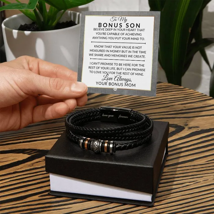 ShineOn Fulfillment Bracelets Bonus Son Gift From Bonus Mom You Can Achieve Anything Mens Braided Leather Bracelet Great As A Christmas Gift or A Birthday Present For Him