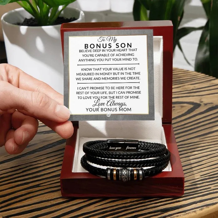 ShineOn Fulfillment Bracelets Bonus Son Gift From Bonus Mom You Can Achieve Anything Mens Braided Leather Bracelet Great As A Christmas Gift or A Birthday Present For Him