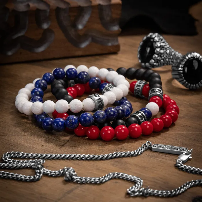 Bracelets 8mm Onyx Bead Bracelet w Lapis White Coral and Red Coral Beads and 2 Stars Rings King Baby Bracelets 8mm Onyx Bead Bracelet w Lapis White Coral and Red Coral Beads and 2 Stars Rings King Baby