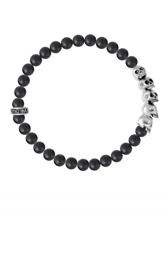 King Baby Bracelets 6mm Onyx Bead Bracelet w Skull Bridge