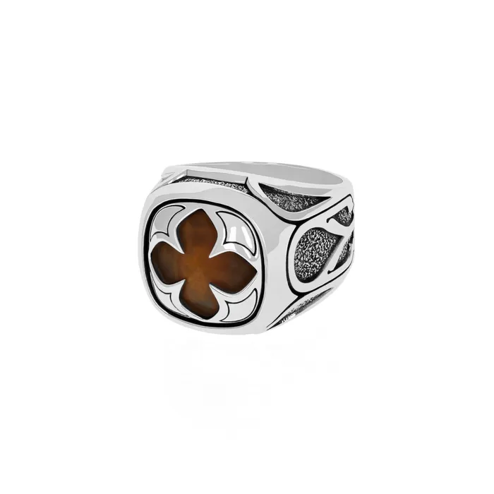 Rings King Baby Tiger Eye Cutout MB Cross Stone Ring w Vatican Window Detail Rings King Baby Tiger Eye Cutout MB Cross Stone Ring w Vatican Window Detail