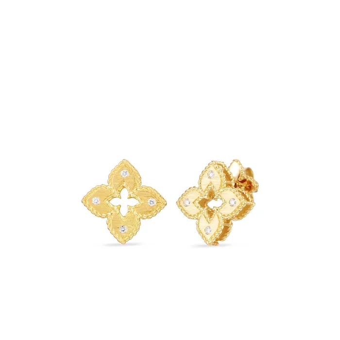 Roberto Coin Earrings 18K Gold Petite Venetian Princess Extra Small Satin Diamond Accent Flower Earrings Roberto Coin Earrings 18K Gold Petite Venetian Princess Extra Small Satin Diamond Accent Flower Earrings