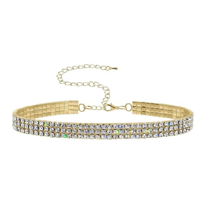 13332G 3 Row Stretch Rhinestone Necklace Gold 4028 Necklaces