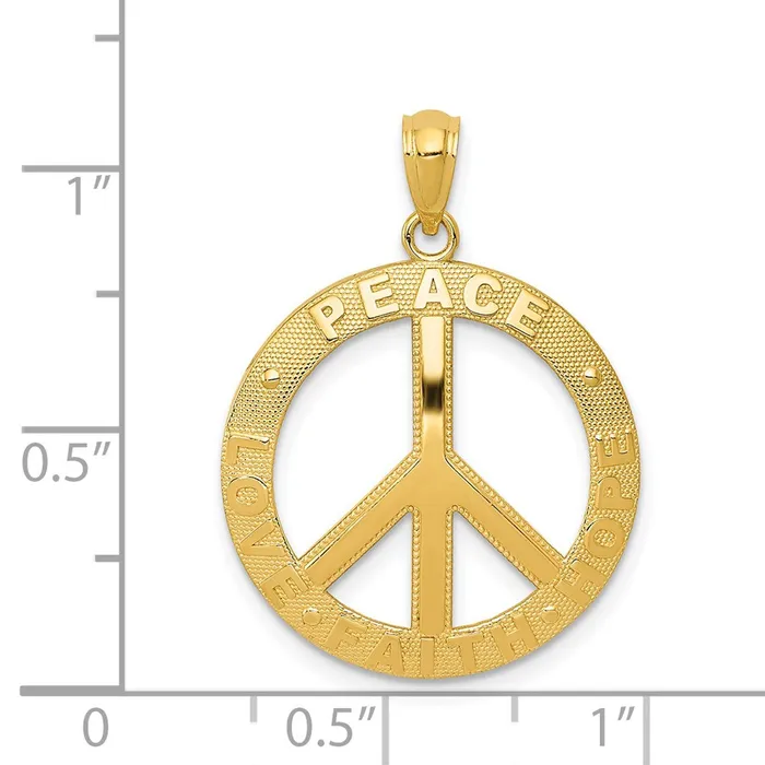 14k Yellow Gold 20 mm PEACE LOVE FAITH HOPE Peace Sign Pendant 207 grams Qgold Necklaces 14k Yellow Gold 20 mm PEACE LOVE FAITH HOPE Peace Sign Pendant 207 grams Qgold Necklaces