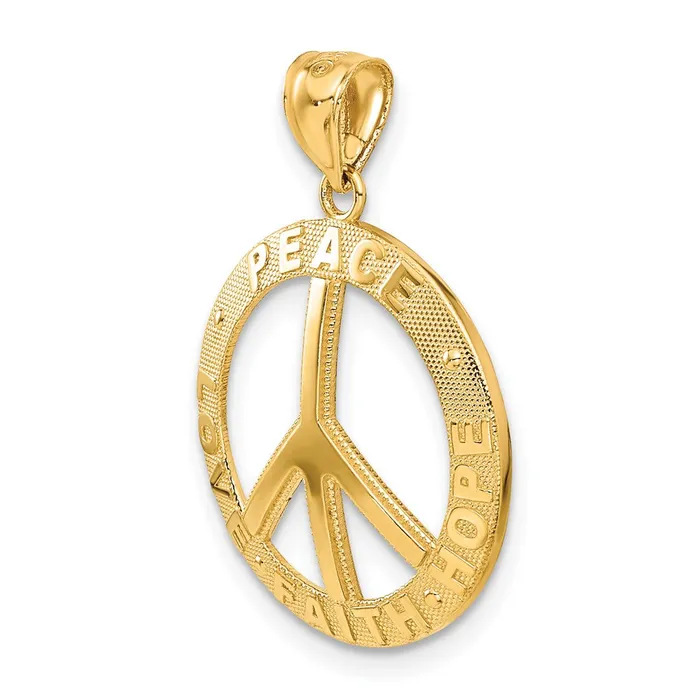 14k Yellow Gold 20 mm PEACE LOVE FAITH HOPE Peace Sign Pendant 207 grams Qgold Necklaces 14k Yellow Gold 20 mm PEACE LOVE FAITH HOPE Peace Sign Pendant 207 grams Qgold Necklaces