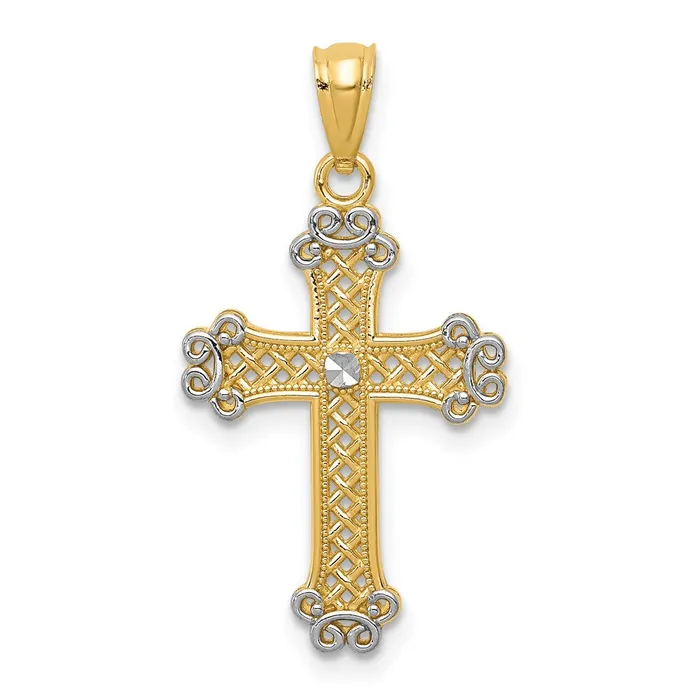 14k Yellow Rhodium 1472 mm Diamondcut Filigree Cross Pendant 096 grams Qgold Necklaces 14k Yellow Rhodium 1472 mm Diamondcut Filigree Cross Pendant 096 grams Qgold Necklaces