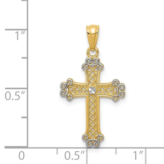 14k Yellow Rhodium 1472 mm Diamondcut Filigree Cross Pendant 096 grams Qgold Necklaces 14k Yellow Rhodium 1472 mm Diamondcut Filigree Cross Pendant 096 grams Qgold Necklaces