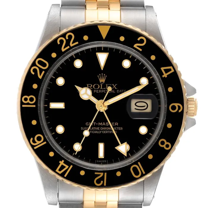 1978 Mens Rolex 40mm Vintage GMT Master 18K Gold Stainless Steel Two Tone Watch with Black Bezel and Black Dial PreOwned 1675 Rolex Rings