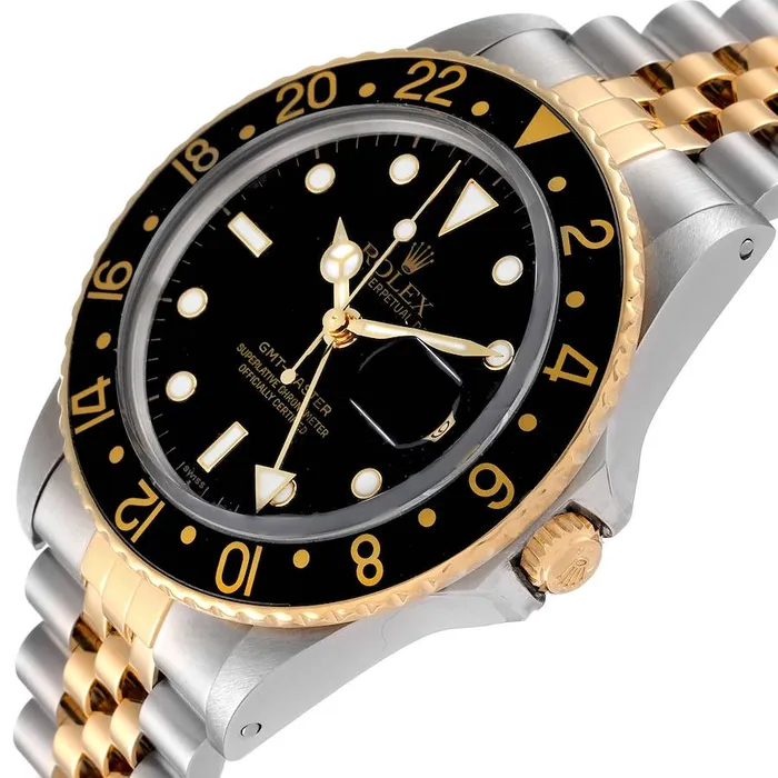 1978 Mens Rolex 40mm Vintage GMT Master 18K Gold Stainless Steel Two Tone Watch with Black Bezel and Black Dial PreOwned 1675 Rolex Rings