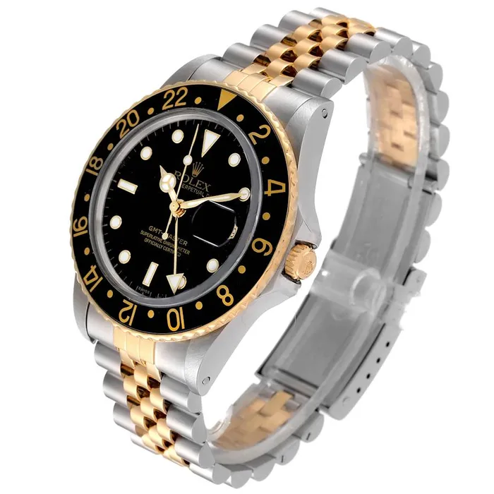 1978 Mens Rolex 40mm Vintage GMT Master 18K Gold Stainless Steel Two Tone Watch with Black Bezel and Black Dial PreOwned 1675 Rolex Rings