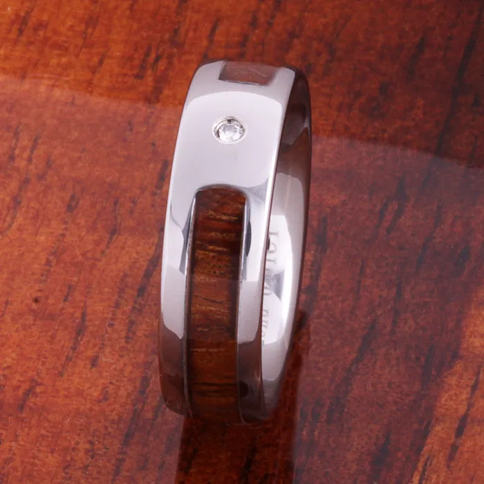 6mm Original Hawaiian Koa Wood with Diamond Inlaid Tungsten Oval Wedding Ring Nakoa Rings