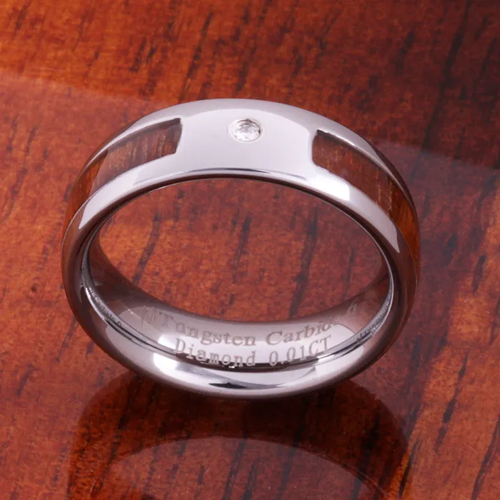 6mm Original Hawaiian Koa Wood with Diamond Inlaid Tungsten Oval Wedding Ring Nakoa Rings