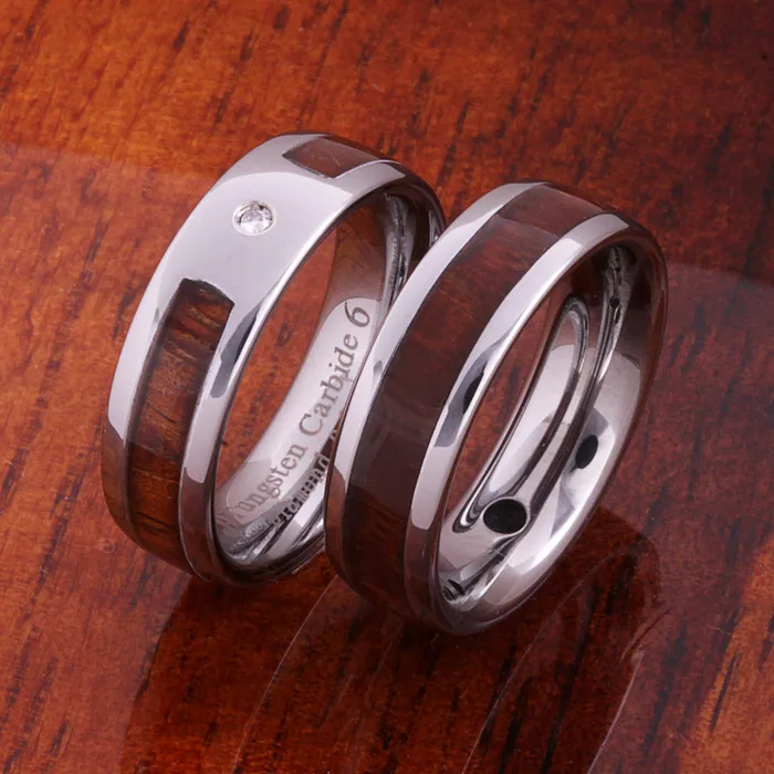 6mm Original Hawaiian Koa Wood with Diamond Inlaid Tungsten Oval Wedding Ring Nakoa Rings
