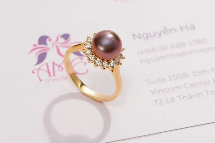 85mm Aubergine Freshwater Cultured Pearl Sunflower Ring in 14K Yellow Gold AME Jewellery Rings