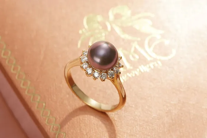 85mm Aubergine Freshwater Cultured Pearl Sunflower Ring in 14K Yellow Gold AME Jewellery Rings