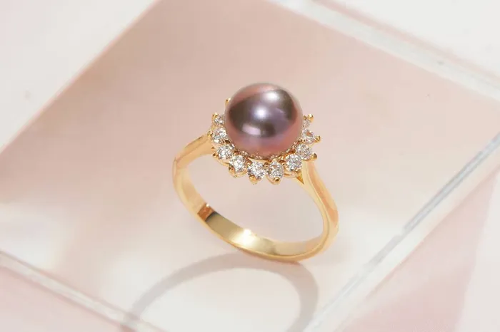85mm Aubergine Freshwater Cultured Pearl Sunflower Ring in 14K Yellow Gold AME Jewellery Rings