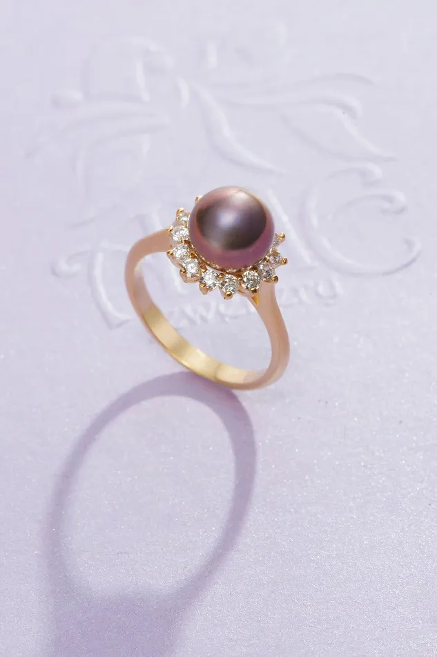 85mm Aubergine Freshwater Cultured Pearl Sunflower Ring in 14K Yellow Gold AME Jewellery Rings