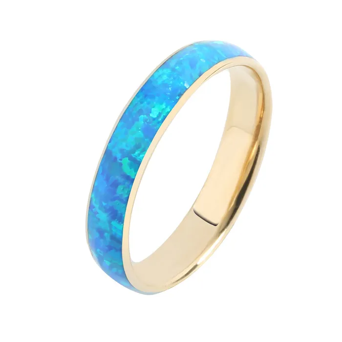Akela 14 Karat Yellow Gold Blue Opal Ring Barrel Shape 4mm Rings