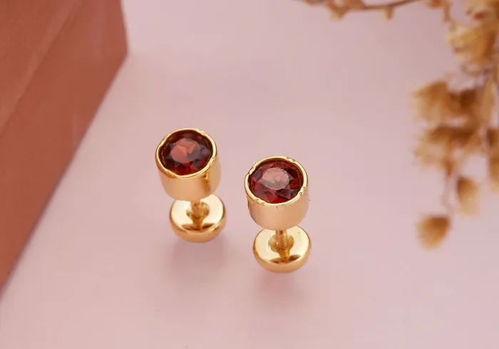 AME Jewellery Earrings Red Garnet Bezel Mens Earrings in 14K Yellow Gold