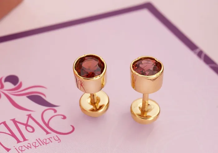 AME Jewellery Earrings Red Garnet Bezel Mens Earrings in 14K Yellow Gold