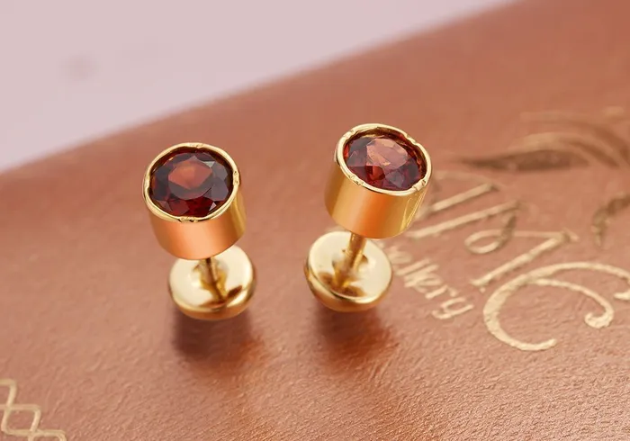 AME Jewellery Earrings Red Garnet Bezel Mens Earrings in 14K Yellow Gold