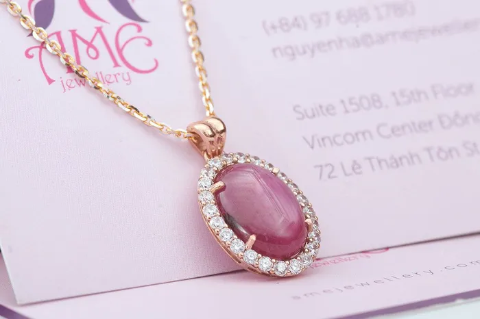 AME Jewellery Necklaces Natural OvalCabochon Ruby Halo Pendant in 14karat rose gold