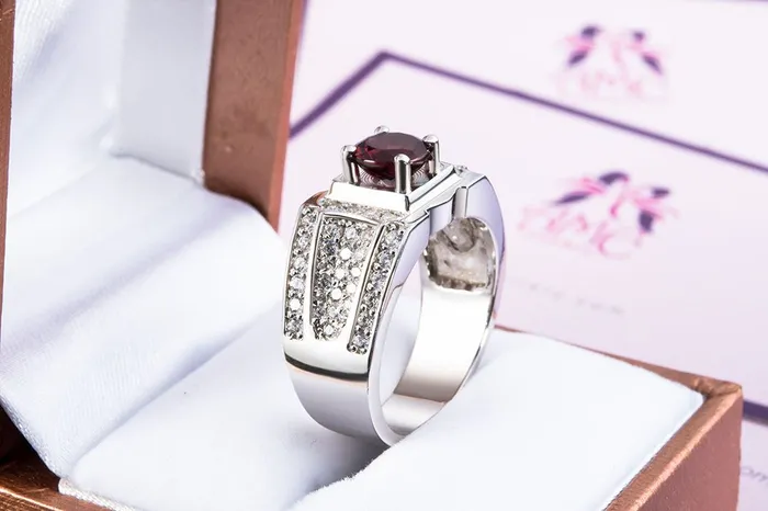 AME Jewellery Rings Natural Red Garnet Mens Ring in Sterling Silver