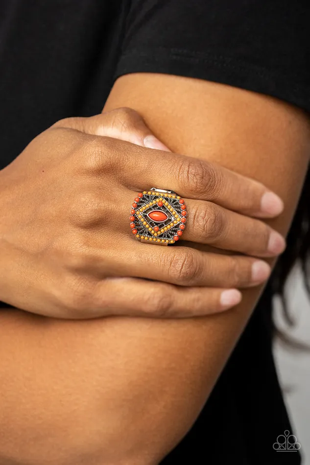 Amplified Aztec Orange Yellow Silver Ring Paparazzi Paparazzi Accessories Rings